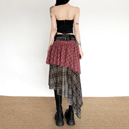 Irregular Waist Cross Tie Plaid Skirt