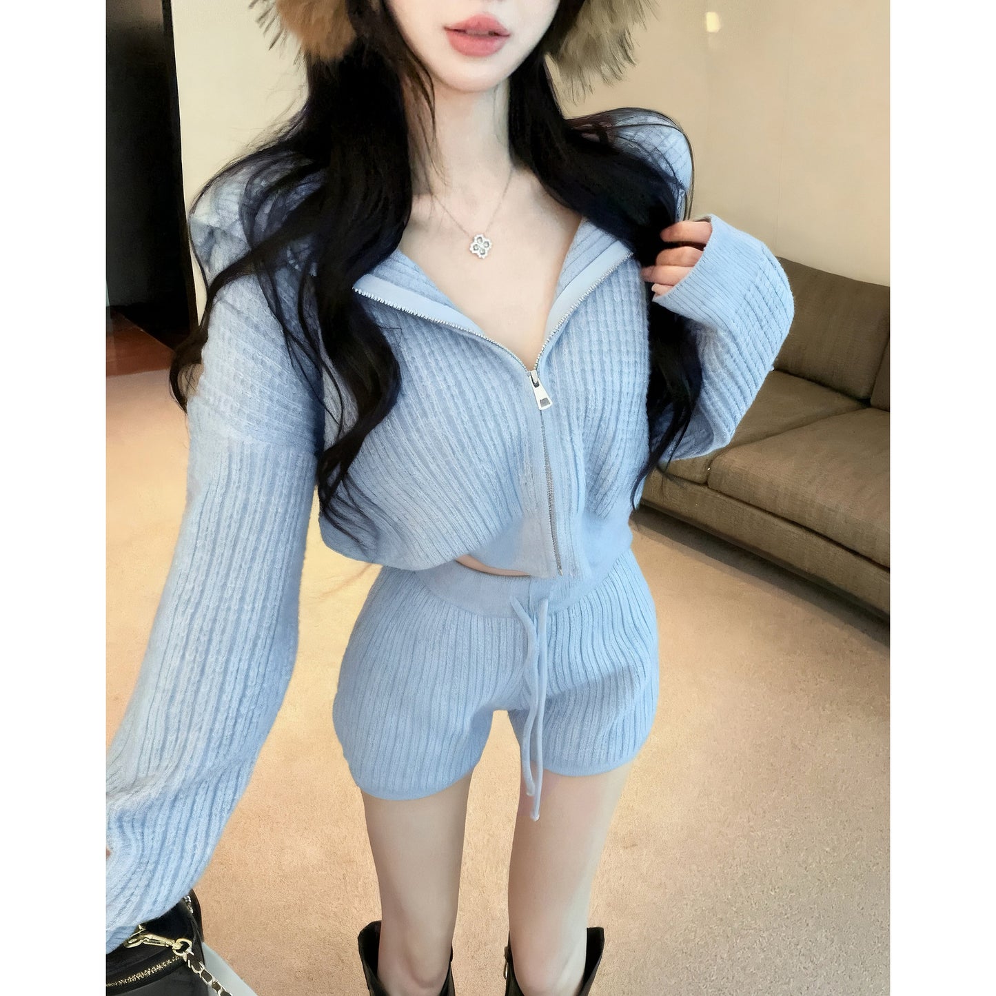 Casual Fashion Hooded Loose Long Sleeve Knitted Cardigan Sweater Drawstring Shorts Two-Piece Set