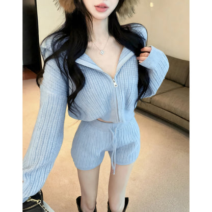 Casual Fashion Hooded Loose Long Sleeve Knitted Cardigan Sweater Drawstring Shorts Two-Piece Set