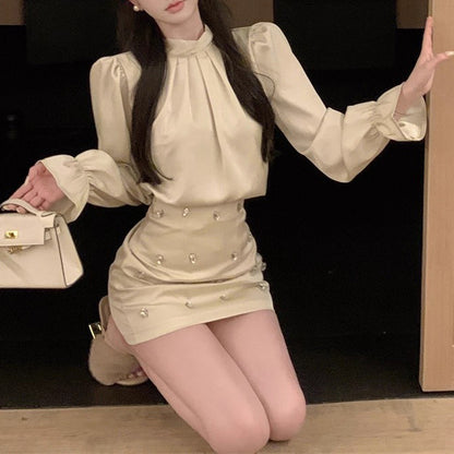 Puff Sleeve Satin Shirt Dress Two-Piece Set