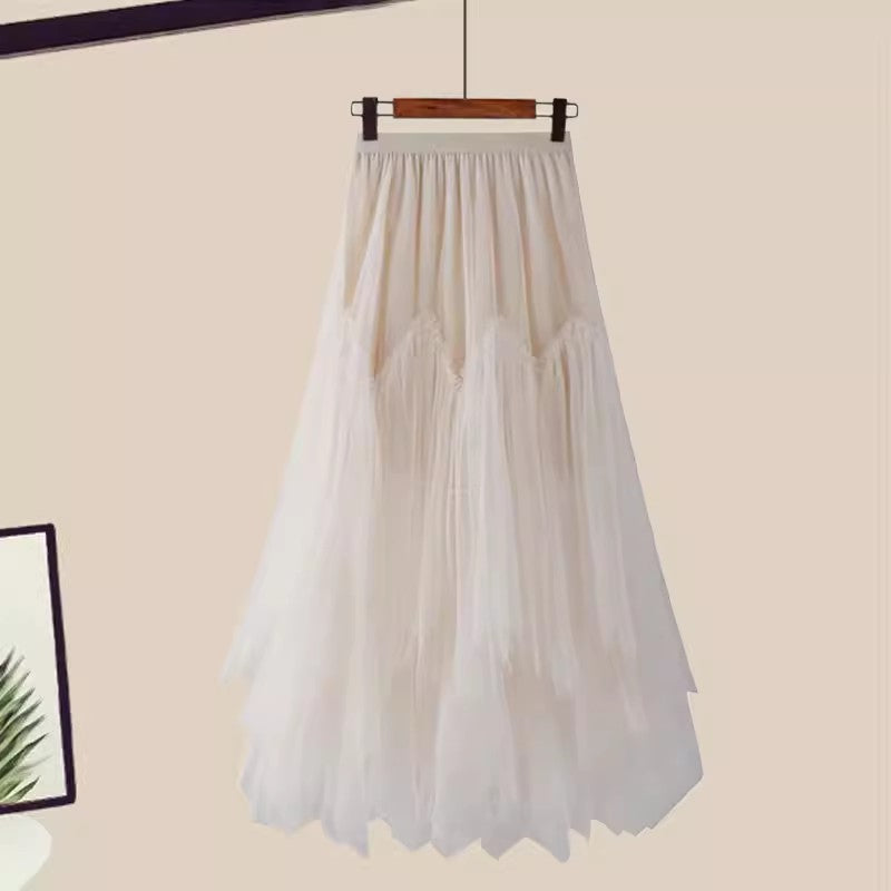 Ruffled V-Neck Short-Sleeved Mesh Skirt Two-Piece Set