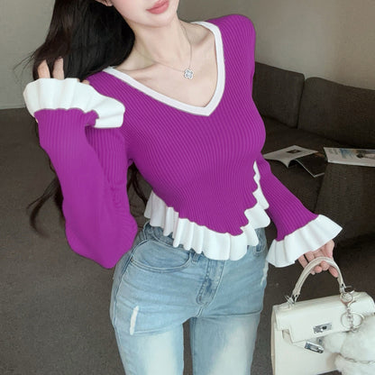 Ruffle Contrast Color Fashionable Sexy Irregular Long-Sleeved Knitted T-Shirt