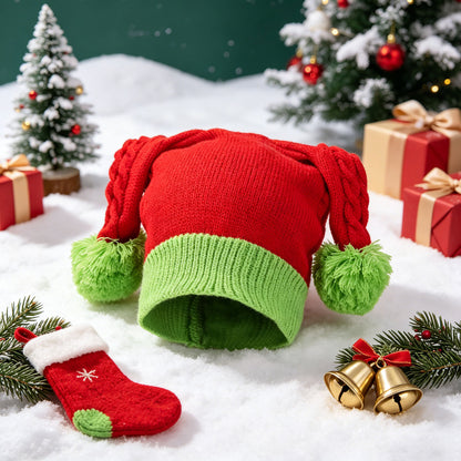 Christmas Red and Green Color-Block Pom-Pom Knit Hat