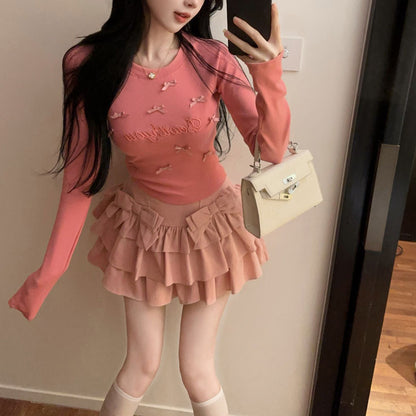 Sweet And Sexy Bow Embroidered Round Neck Long-Sleeved T-Shirt High Waist Skirt Suit