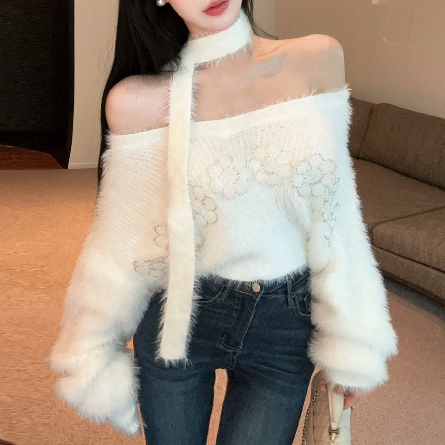 Sweet And Sexy Fluffy Ribbon Knitted Sweater