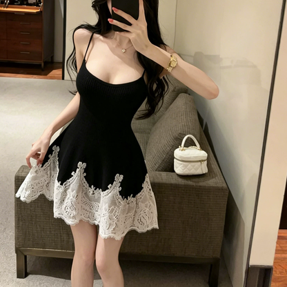 Lace Patchwork Waist-Cinching Suspender Dress