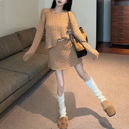Retro Sexy Round Neck Cable Knit Top High Waist Miniskirt Set