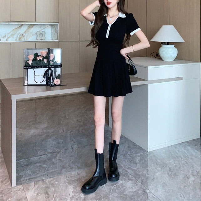 Audrey Hepburn-Style Black Color-Block Polo Dress