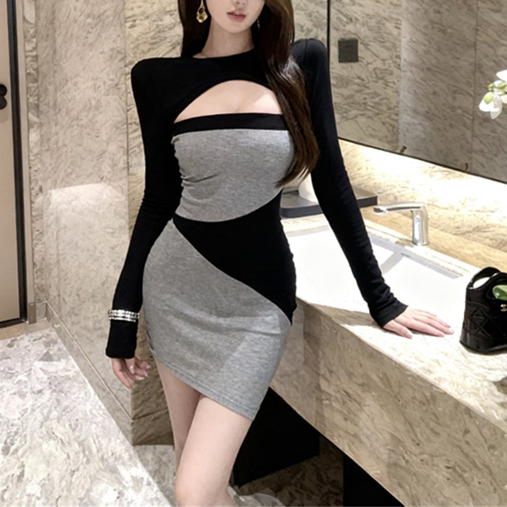 Round Neck Color-Blocked Long-Sleeved Cover-Up Dress