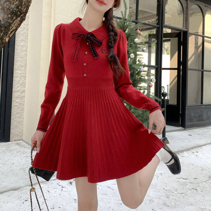 Polo-Neck Knitted Black Dress