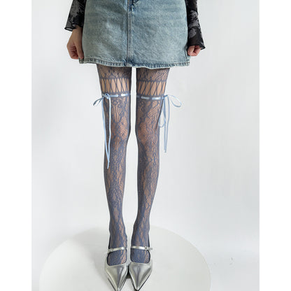 Retro Hollow Lace Bow Tie Fishnet Stockings