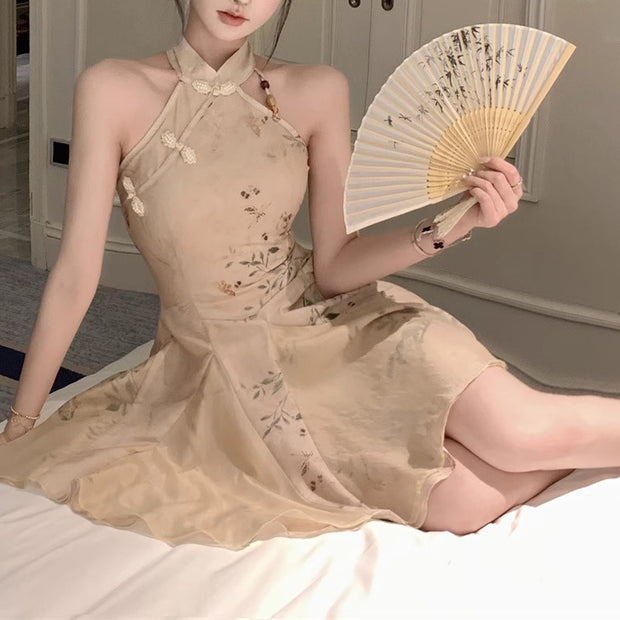 New Chinese Style Sleeveless Halter Neck Suspender Dress