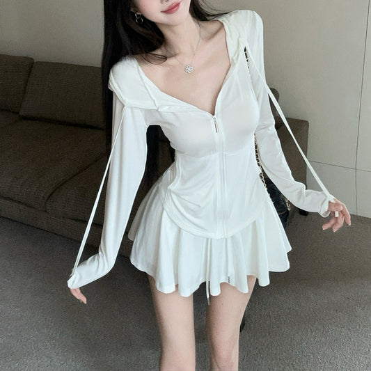 Casual And Stylish Hooded Zip-Up Cardigan And Skirt Set