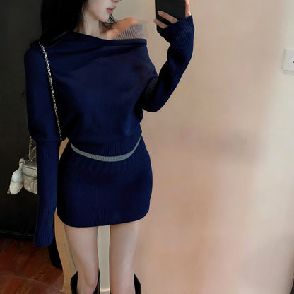 Fake Two-Piece Sexy Contrast Color Off-Shoulder Knitted Sweater Skirt Set