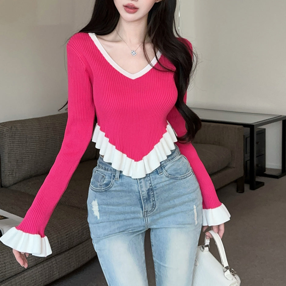 Ruffle Contrast Color Fashionable Sexy Irregular Long-Sleeved Knitted T-Shirt
