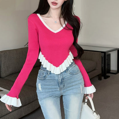Ruffle Contrast Color Fashionable Sexy Irregular Long-Sleeved Knitted T-Shirt