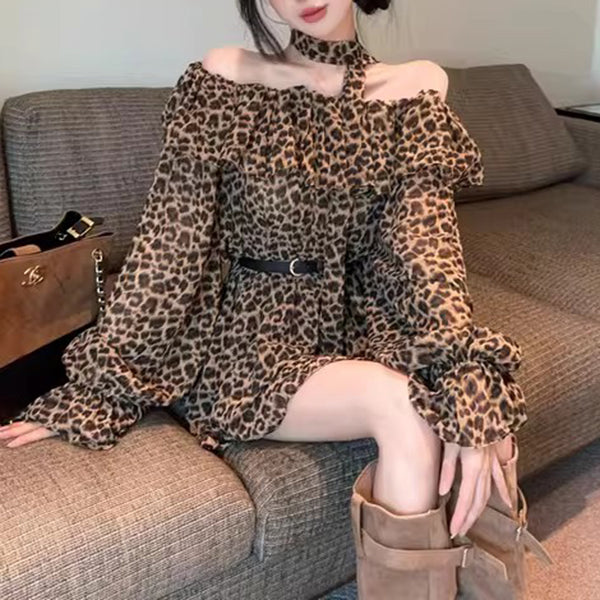 Retro Sexy Leopard Print Off-Shoulder T-Shirt With Belt