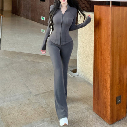 Sexy Double-Zipper Design Top And Wide-Leg Pants Set