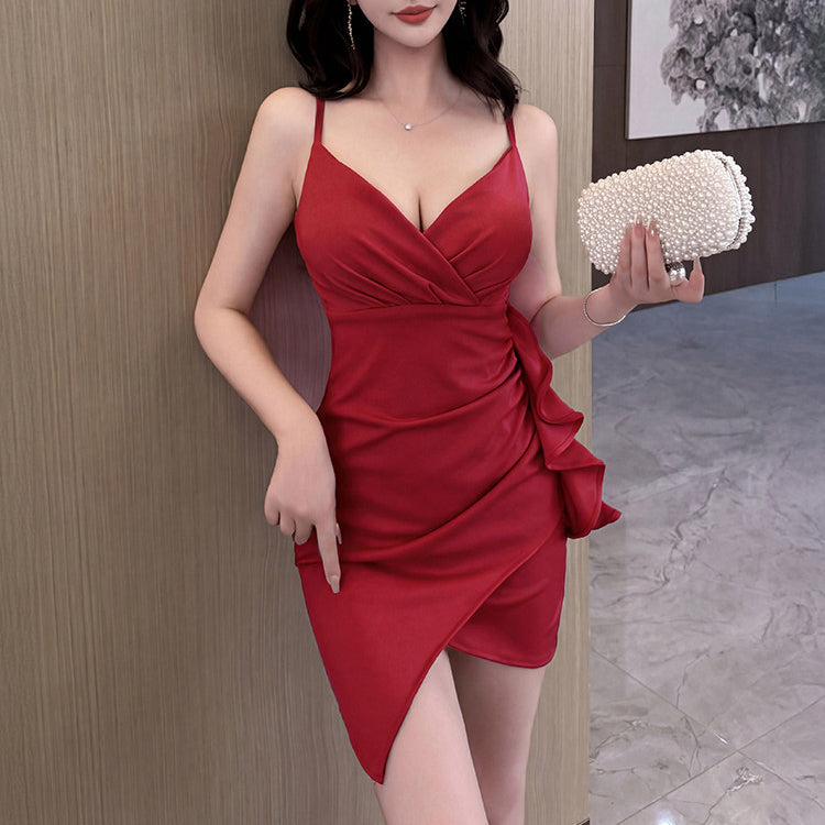 Sexy V-Neck Ruffled Backless Slit Dress