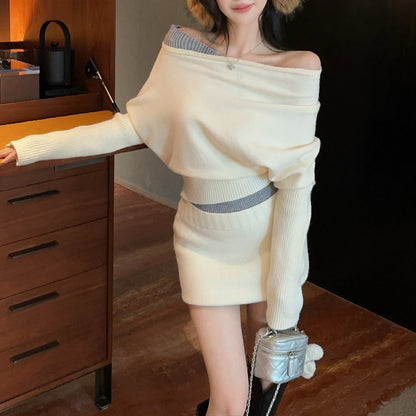 Fake Two-Piece Sexy Contrast Color Off-Shoulder Knitted Sweater Skirt Set