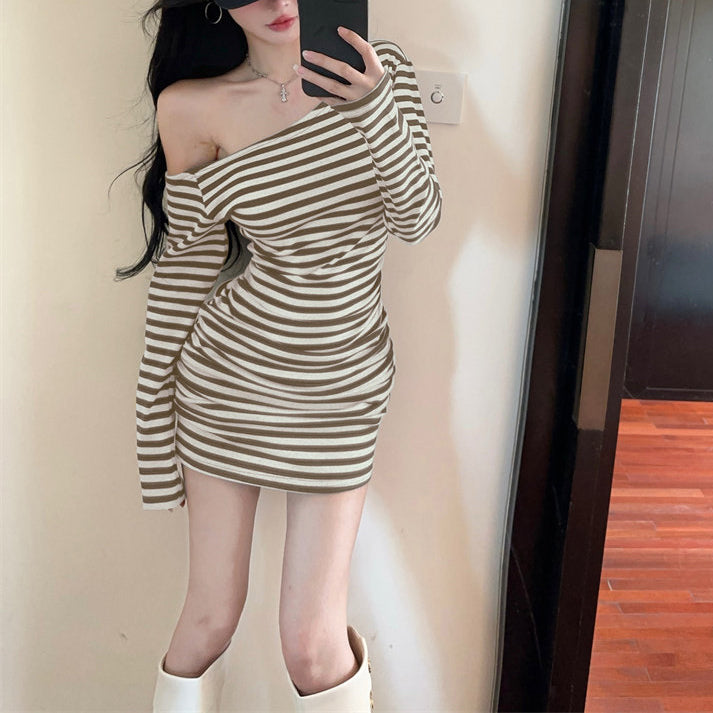 Sexy Color-Block Striped One-Shoulder Dress