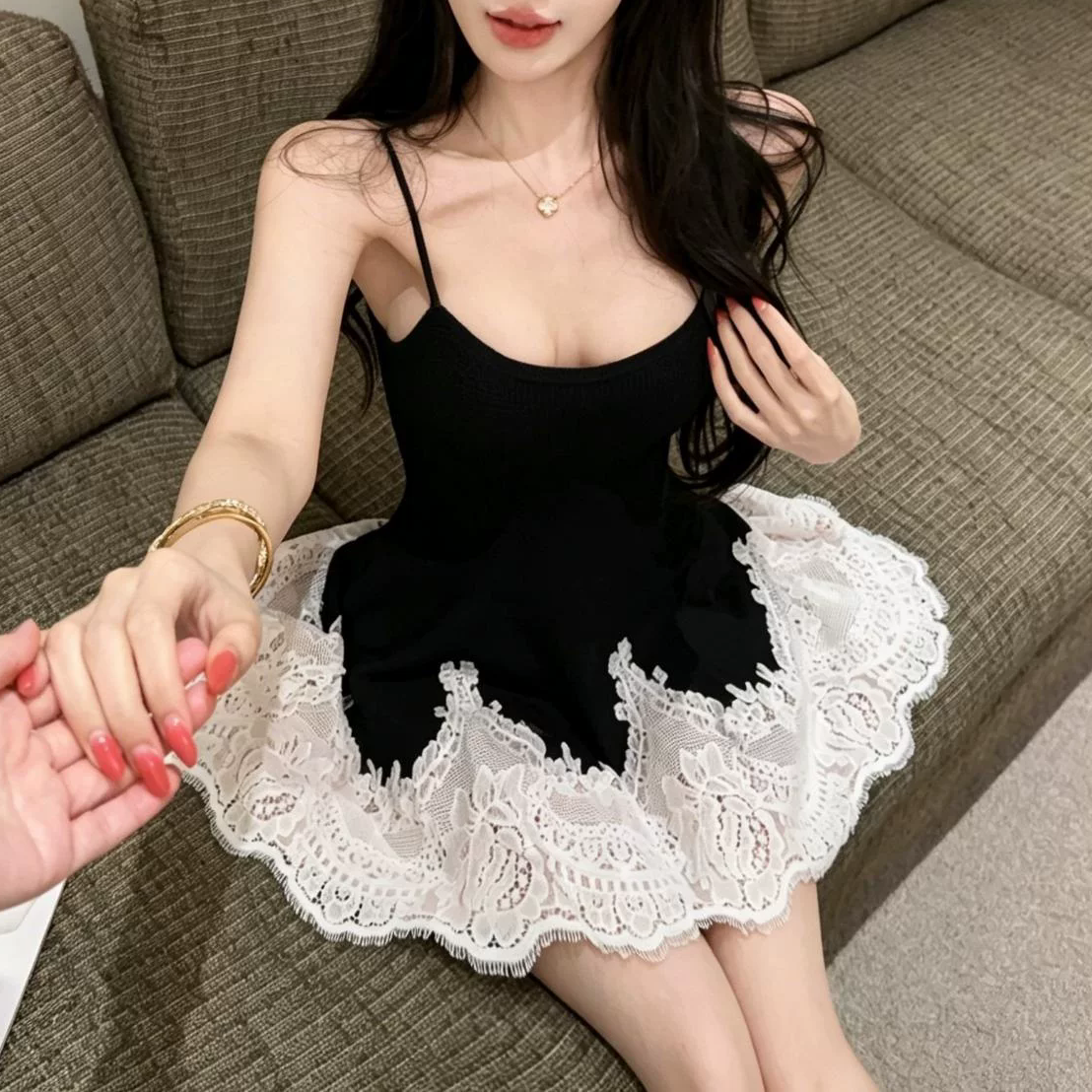 Lace Patchwork Waist-Cinching Suspender Dress