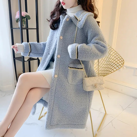Loose-Fitting Mid-Length Lamb Wool Coat