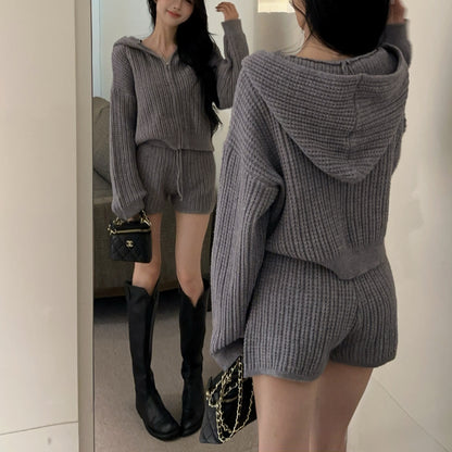 Casual Fashion Hooded Loose Long Sleeve Knitted Cardigan Sweater Drawstring Shorts Two-Piece Set