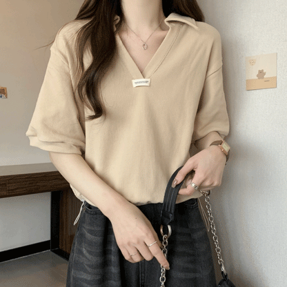 Letter-Print Drawstring Polo T-Shirt