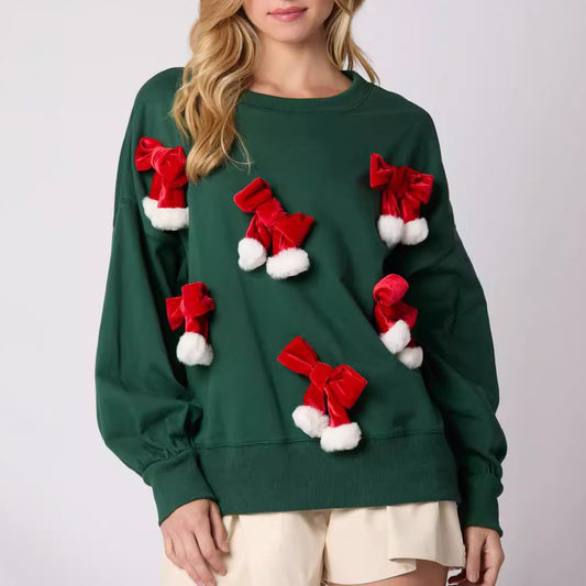 Bow-Decorated Casual Long-Sleeved Christmas Sweatshirt