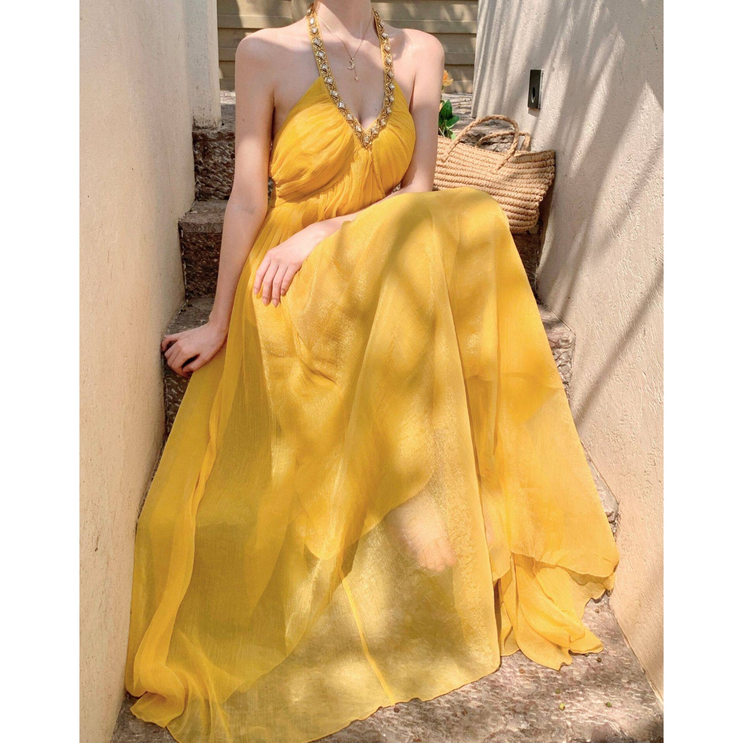 Yellow V-Neck Chiffon Vacation Dress