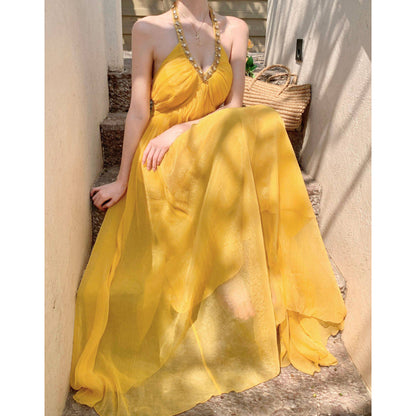 Yellow V-Neck Chiffon Vacation Dress
