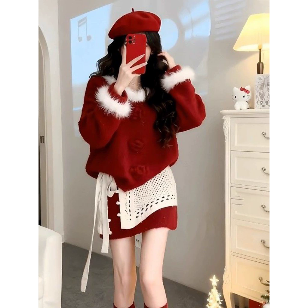 Christmas Top and High-Waisted Skirt Two-Piece Set