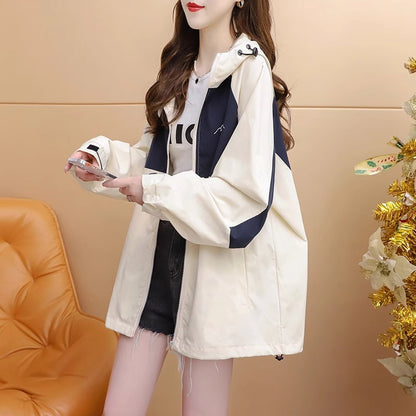 Stylish Color-Blocked Hooded Trench Coat