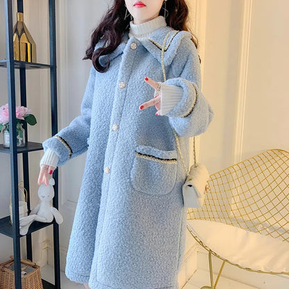 Loose-Fitting Mid-Length Lamb Wool Coat