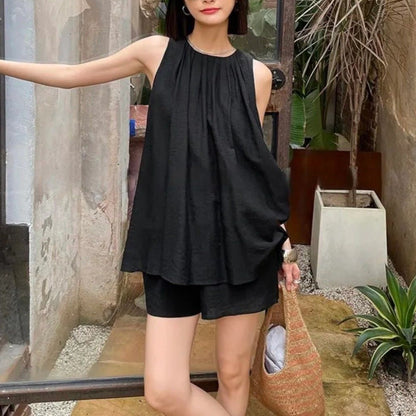 Sleeveless Cotton-Linen Top & Loose Shorts Two-Piece Set