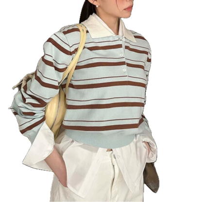 Stylish Color-Blocked Collared Loose Striped Long-Sleeved Knit Sweater