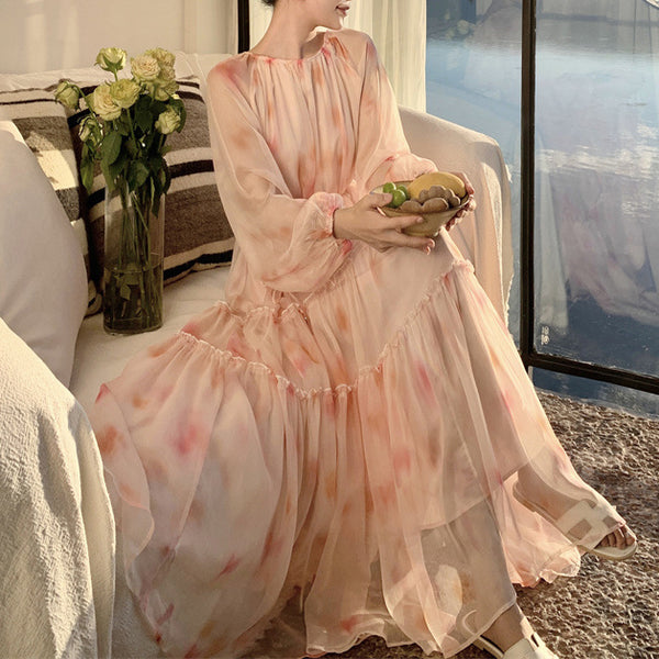 French Chiffon Floral Long-Sleeved Holiday Dress