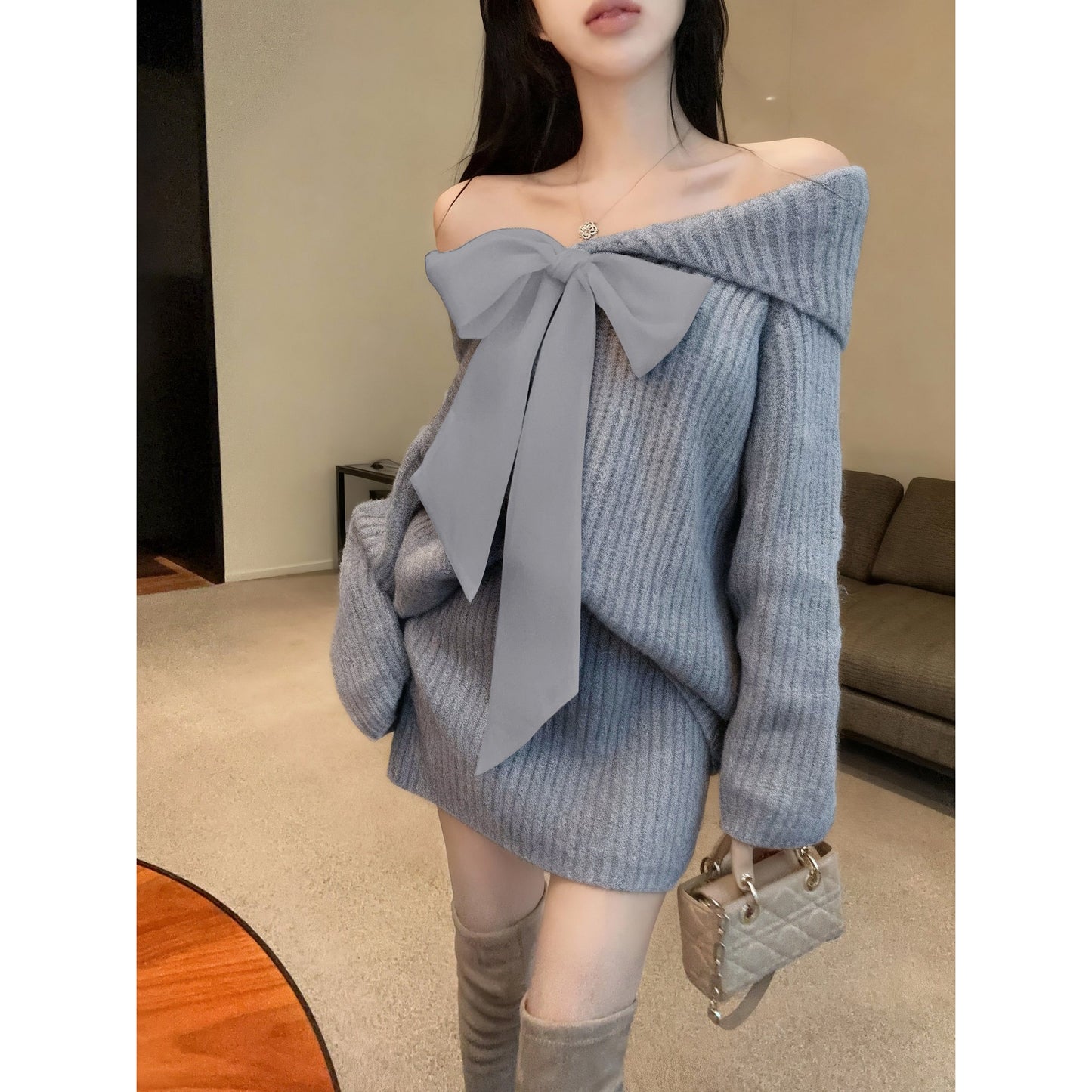 Off-Shoulder Loose Bow Tie Knit Sweater And Skirt Two-Piece Set