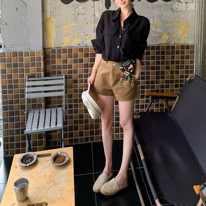 Polo-Collar Single-Breasted Shirt And Loose Shorts Set