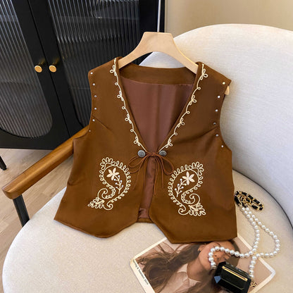 Heavy-Duty Embroidered Studded Cardigan Vest