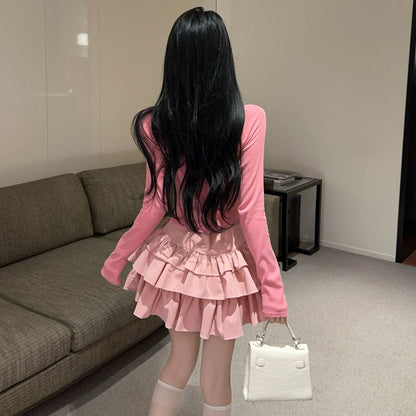 Sweet And Sexy Bow Embroidered Round Neck Long-Sleeved T-Shirt High Waist Skirt Suit