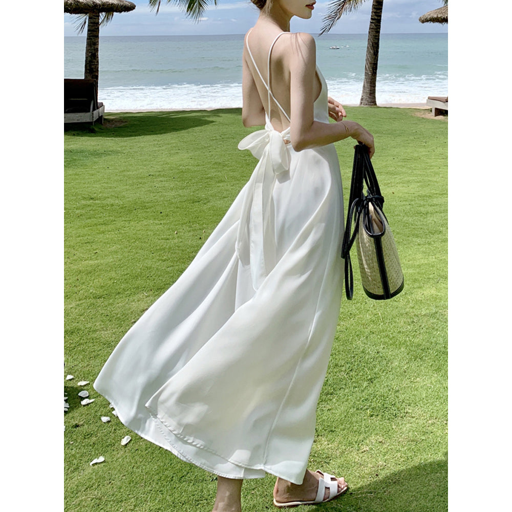White Sexy Backless Spaghetti-Strap Vacation Dress