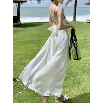 White Sexy Backless Spaghetti-Strap Vacation Dress