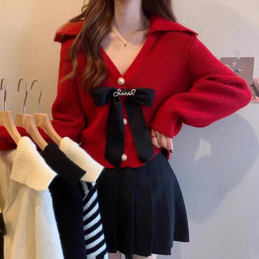 Niche Style Bow-Tie V-Neck Short Knit Cardigan