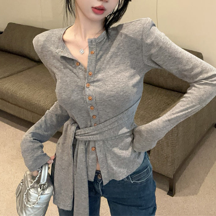 Single-Breasted Fashionable Sexy Chic Long-Sleeved Tie T-Shirt