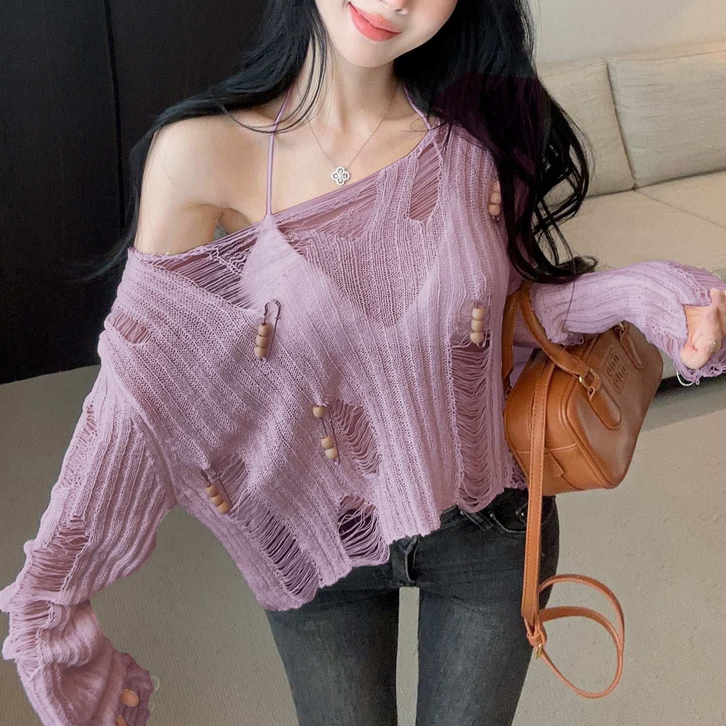 Hollow Loose See-Through Knitted Cardigan Top