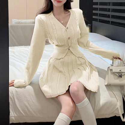 Fashionable And Sexy V-Neck Single-Breasted Knitted Cardigan Top And Skirt Two-Piece Set