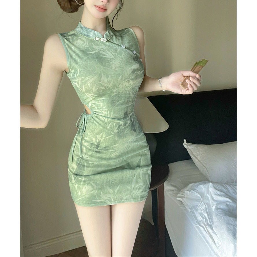 New Chinese Style Bamboo-Patterned Button Cheongsam Dress