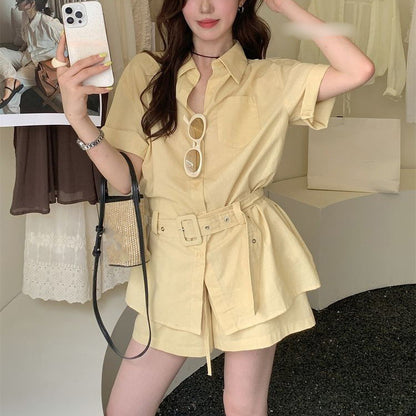 Collared Short-Sleeve Shirt And High-Waisted Shorts Set